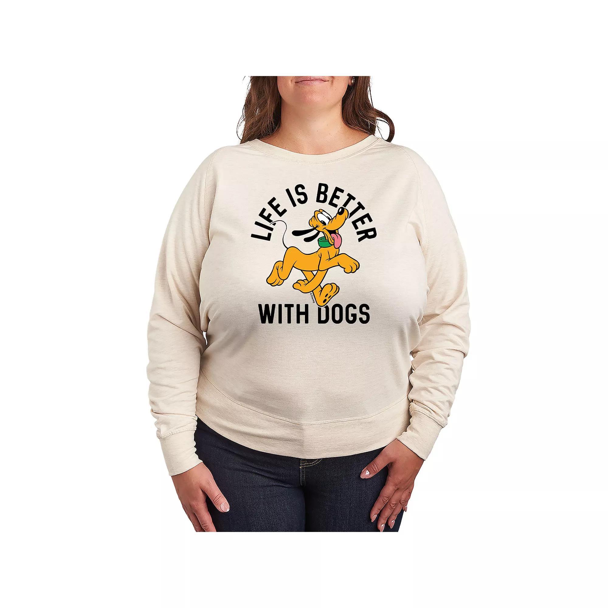 Disneys Pluto Plus Size Life Is Better With Dogs French Terry Long Sleeve Tee, Womens Product Image