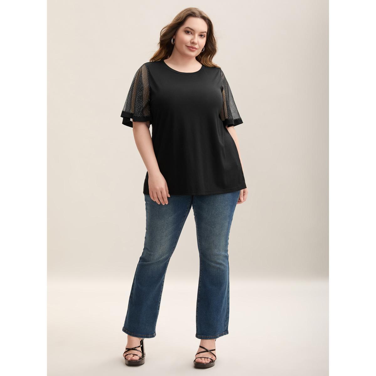 Plus Size Sheer Luxe Mesh Sleeve Round Neck T-Shirt Black Women Elegant See through Round Neck Everyday T-shirts BloomChic 10/M Product Image