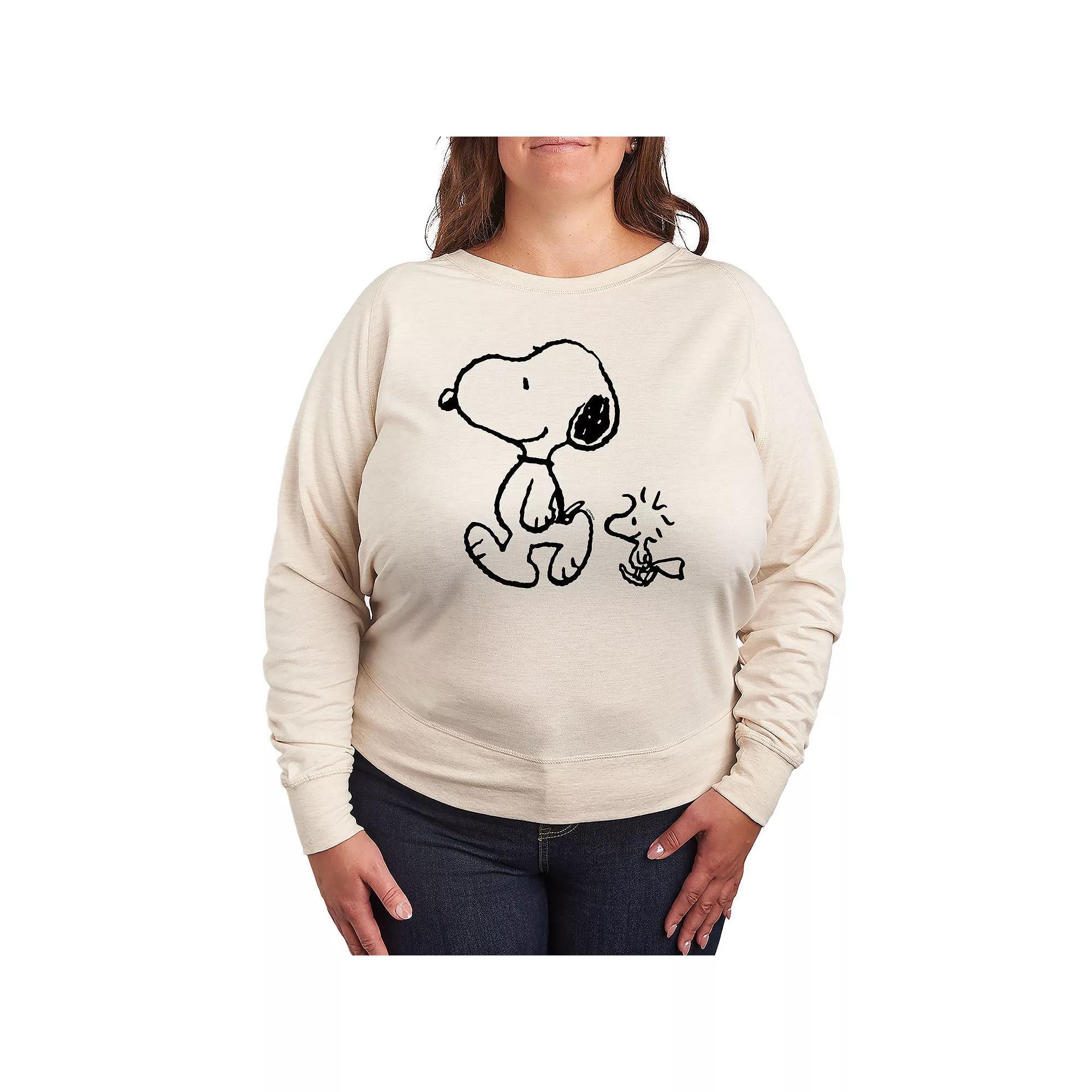 Plus Size Peanuts Snoopy & Woodstock Walk French Terry Long Sleeve Tee, Womens Grey Green Product Image