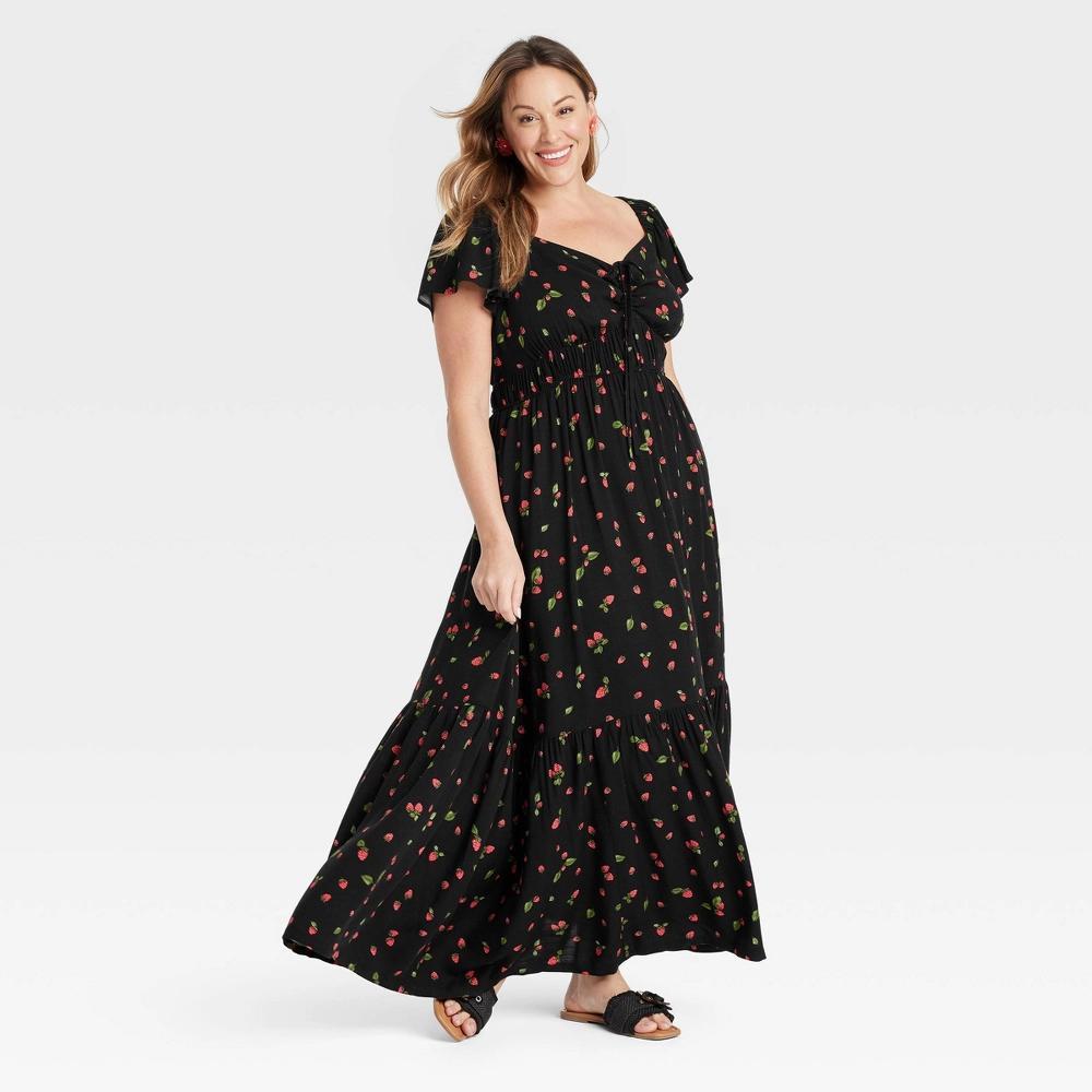 Womens Flutter Short Sleeve Tiered Maxi Empire Waist Dress - Ava & Viv Black Strawberries 1X Product Image