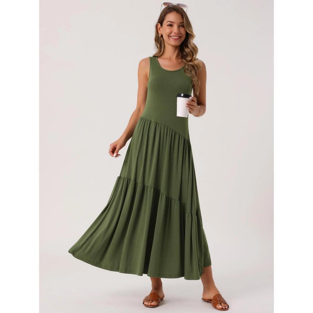 INSPIRE CHIC Women's Summer Casual Sleeveless Crewneck Aline Flowy Tiered Maxi Long Beach Sundress Product Image