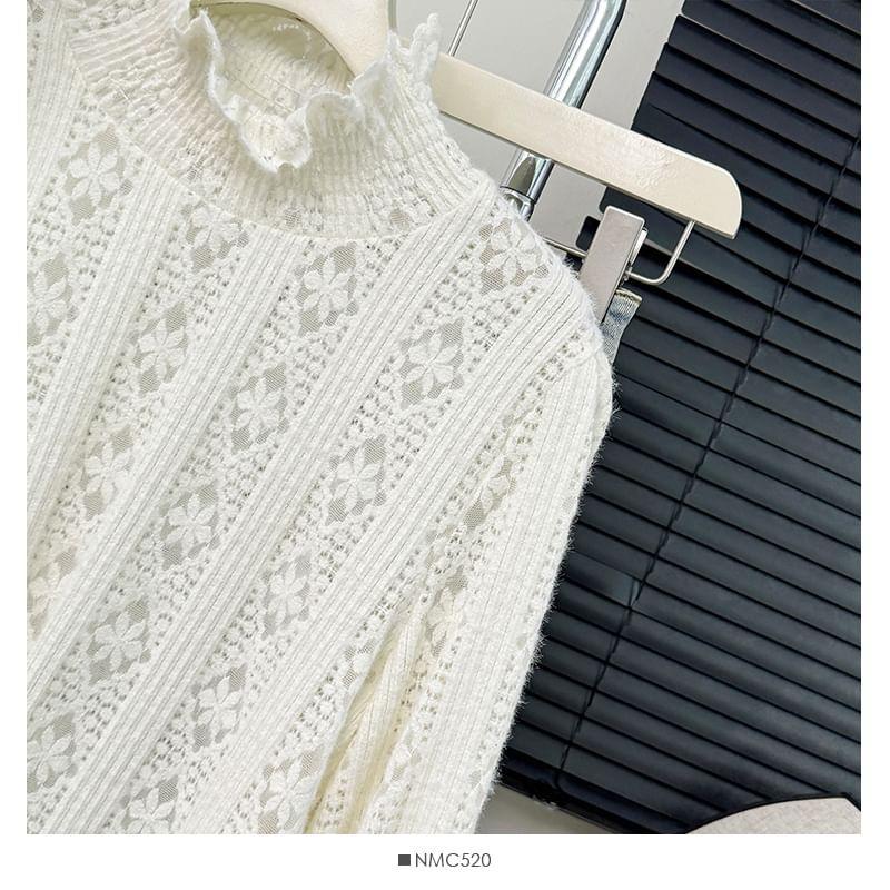 Bell-Sleeve High-Neck Lace Top Product Image