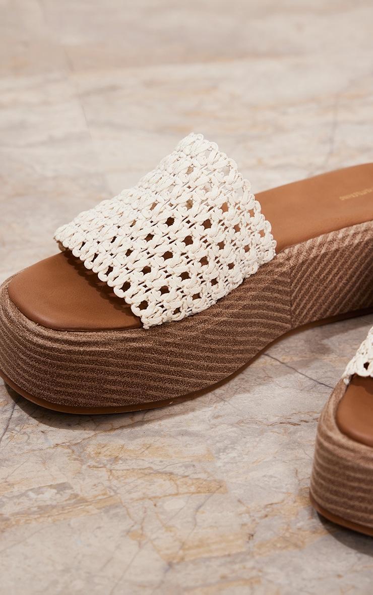 Cream Round Toe Crochet Strap Platform Flat Sandals Product Image