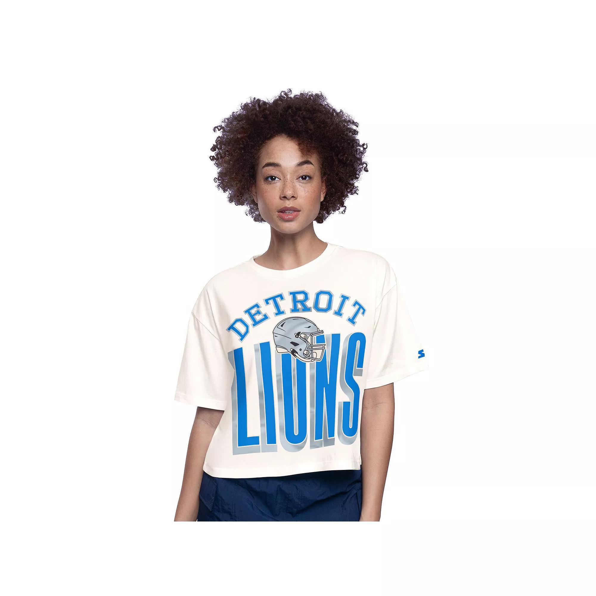 Women's Starter  Cream Detroit Lions Throwback Play the Ball Boxy Cropped T-Shirt, Size: Small, Beige Product Image