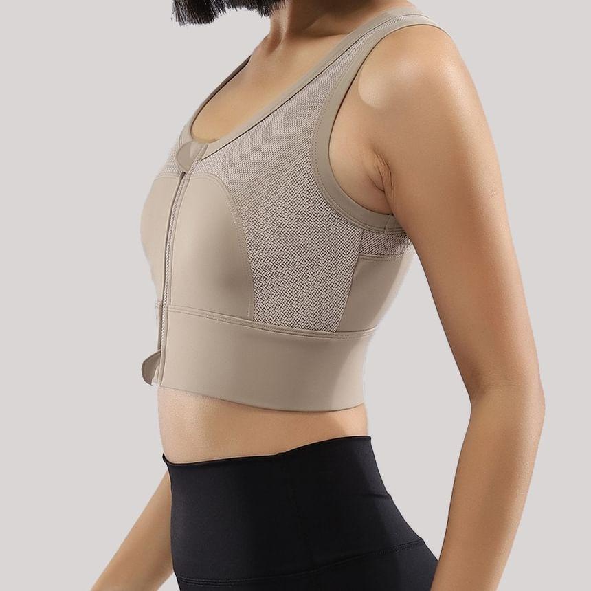 Scoop Neck Padded Zip-Up Plain Crop Sports Tank Top Product Image