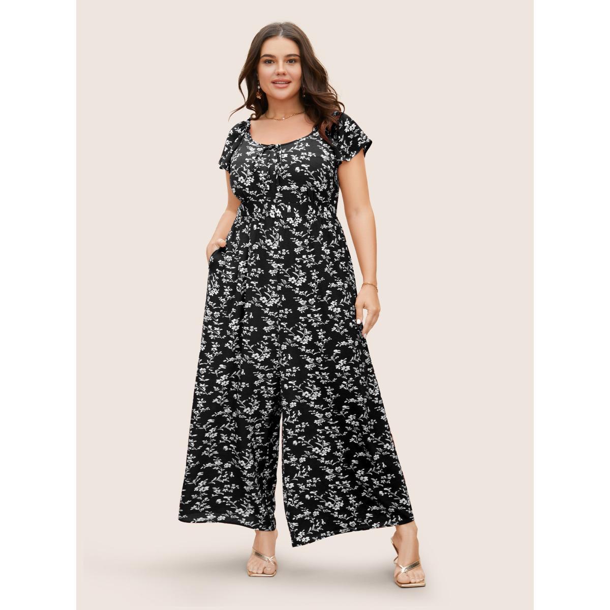 Plus Size Black Crew Neck Ditsy Floral Tie Knot Jumpsuit Women Elegant Cap Sleeve Round Neck Everyday Loose Jumpsuits BloomChic 22-24/3X Product Image