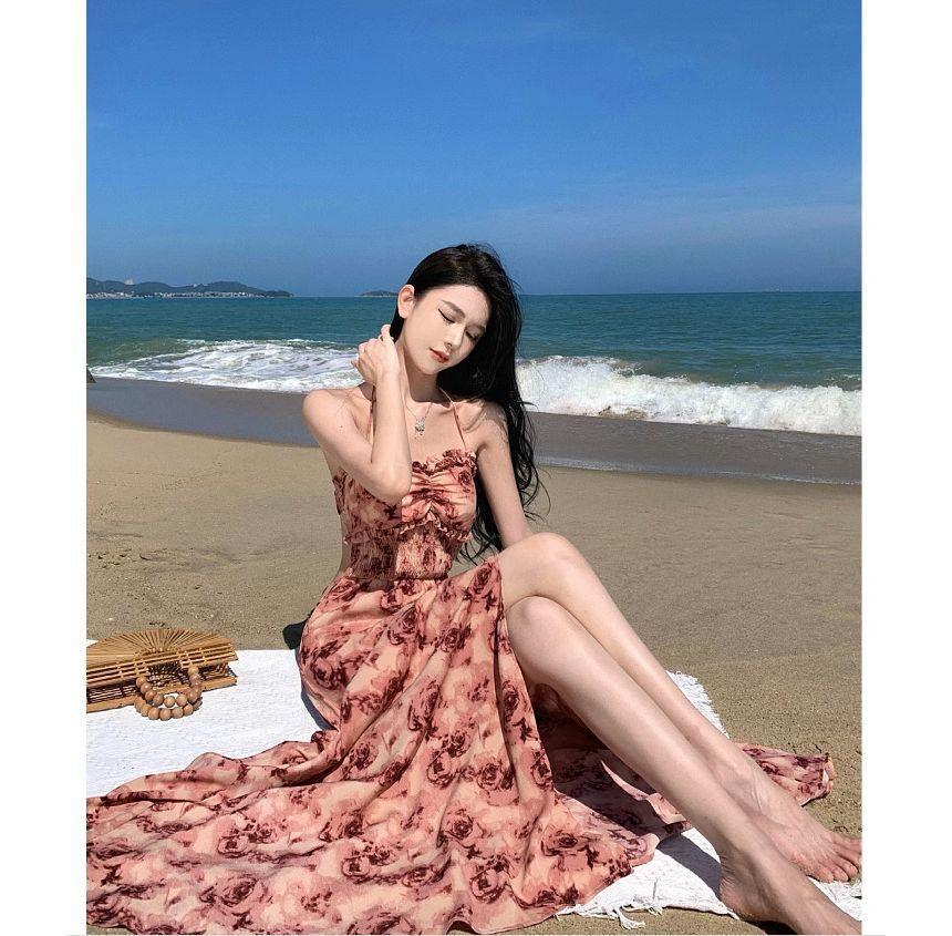 Halter Floral Open Back Slit Maxi A-Line Sundress Product Image