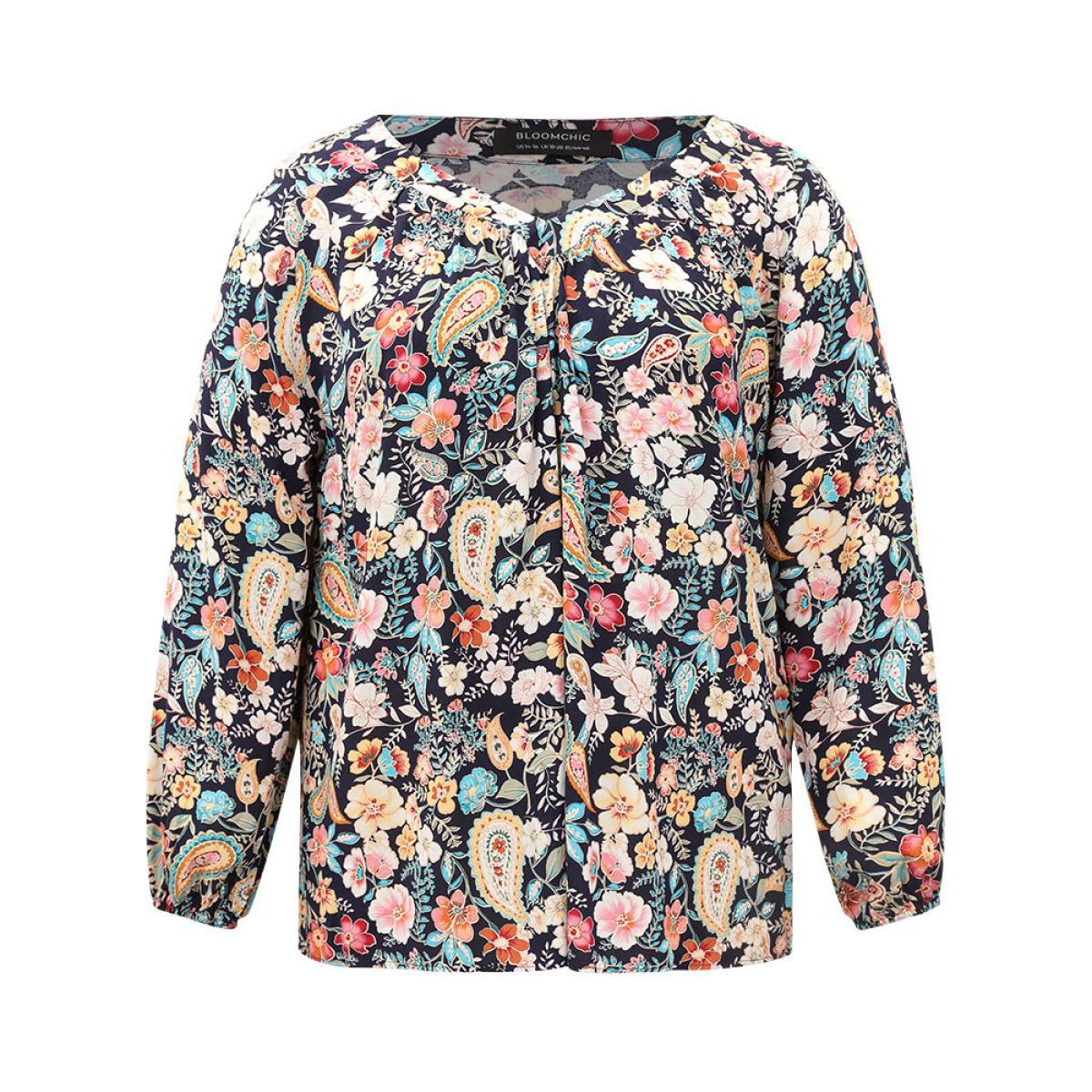 Plus Size Indigo Paisley Lantern Sleeve Gathered Blouse Women Elegant Long Sleeve V-neck Dailywear Blouses BloomChic 30/6X Product Image
