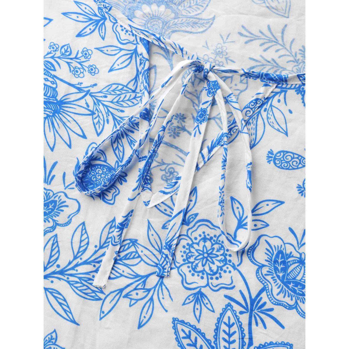 Plus Size Skyblue Silhouette Flower Print Neck Tie Blouse Women Short sleeve Notched collar Vacation Blouses BloomChic 10/M Product Image