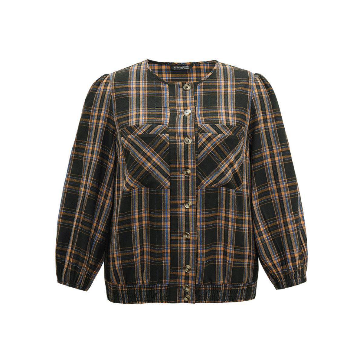 Plus Size Plaid Button Through Elastic Hem Shacket Women Black Elastic cuffs Pocket Dailywear Jackets BloomChic 10/M Product Image