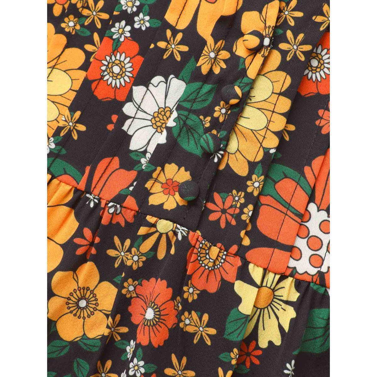 Plus Size Multicolor Natural Flowers Lantern Sleeve Pleated Blouse Women Elegant Elbow-length sleeve Flat collar with V-notch Everyday Blouses BloomChic 12/L Product Image