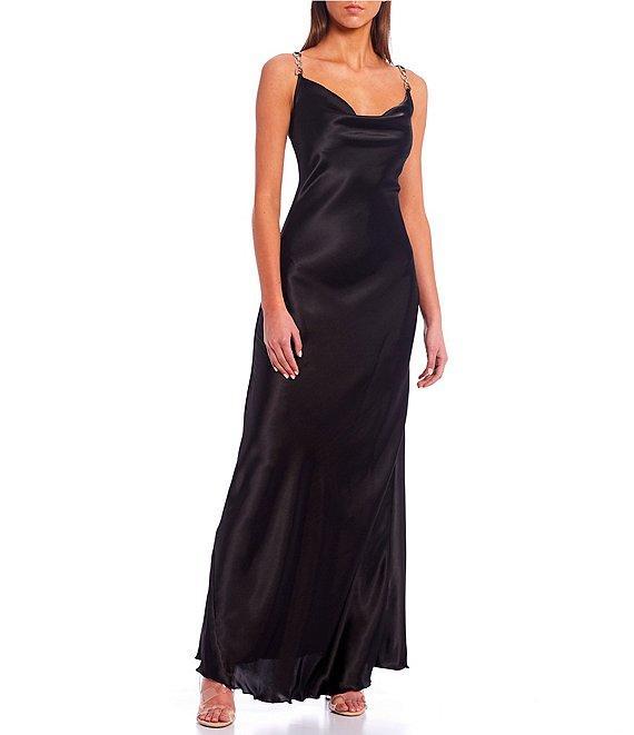 Jump Rhinestone Trim Drape Neck Long Dress Product Image