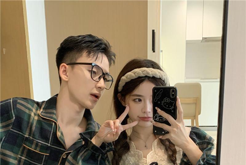 Couple Matching Long Sleeve Collared Plaid Pajama Shirt / V-Neck Bow Ruffle Panel Blouse / Straight Leg Pants / Set (Various Designs) Product Image