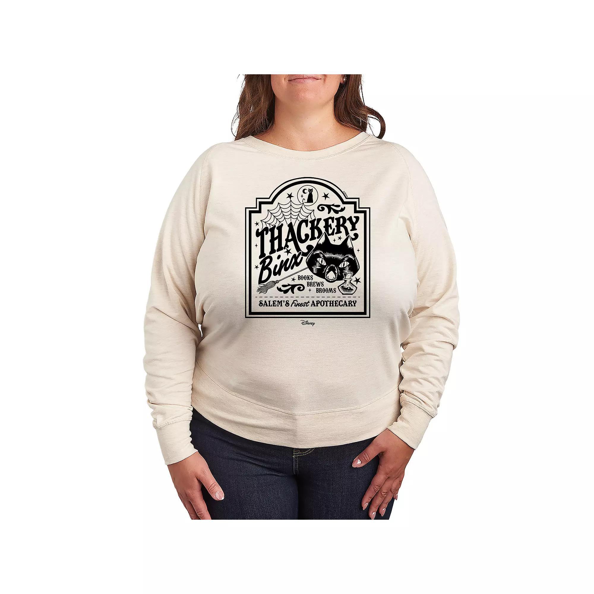Disneys Hocus Pocus Binx Plus Size Business Sign French Terry Long Sleeve Tee, Womens Product Image