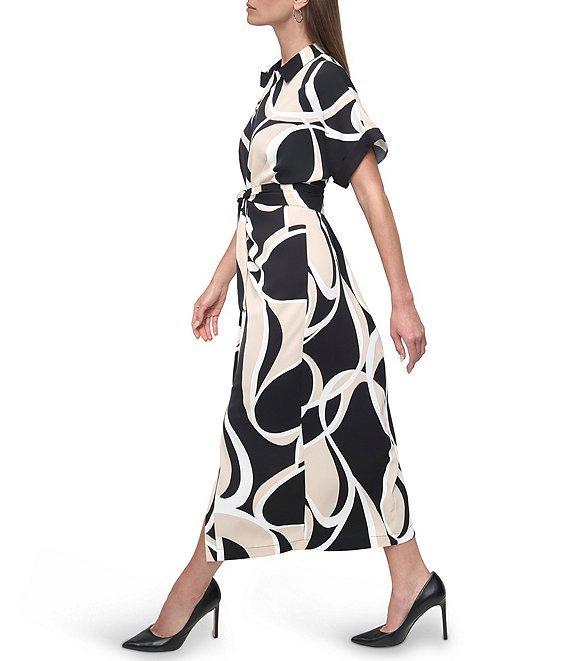DKNY by Donna Karan Woven Geometrical Print Point Collar Neck Short Sleeve Button Front Waist Tie Shirt Midi Dress Product Image