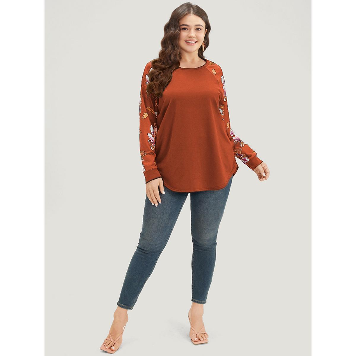 Plus Size Floral Patchwork Crew Neck Raglan Sleeve Sweatshirt Women Gray Elegant Elastic cuffs Round Neck Dailywear Sweatshirts BloomChic 18-20/2X Product Image