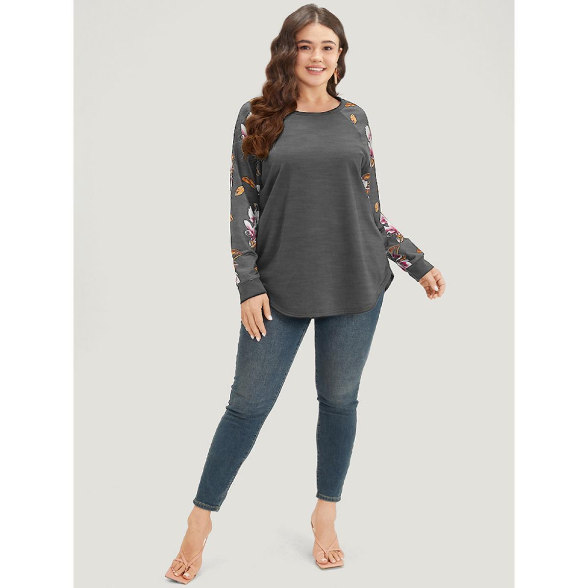 Plus Size Floral Patchwork Crew Neck Raglan Sleeve Sweatshirt Women Gray Elegant Elastic cuffs Round Neck Dailywear Sweatshirts BloomChic 18-20/2X Product Image