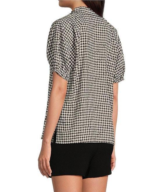 CeCe Woven Gingham Print Split V-Neck Short Sleeve Top Product Image