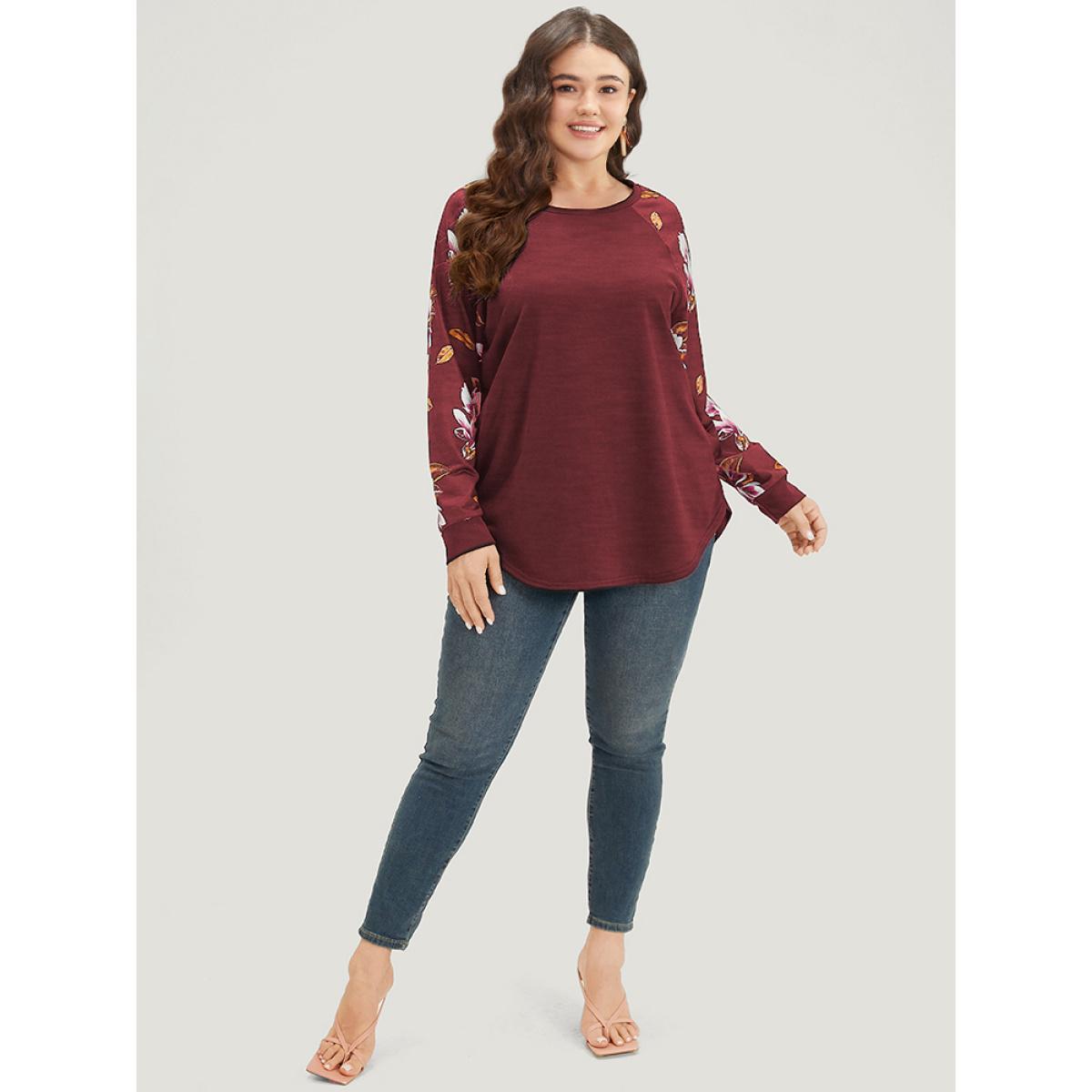 Plus Size Floral Patchwork Crew Neck Raglan Sleeve Sweatshirt Women Burgundy Elegant Elastic cuffs Round Neck Dailywear Sweatshirts BloomChic 18-20/2X Product Image