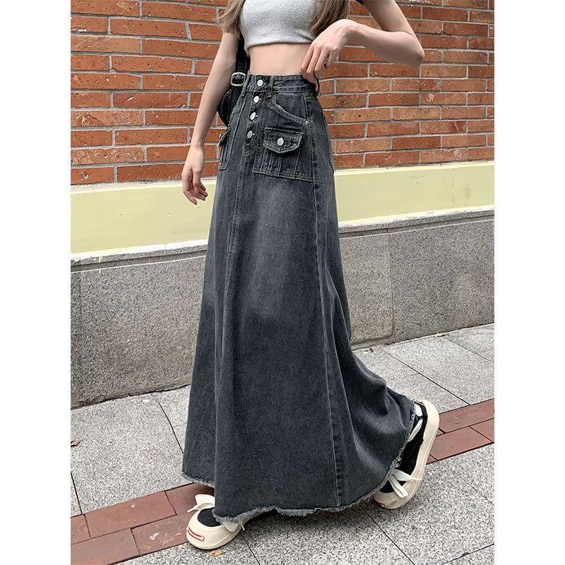 High Rise Washed Denim Maxi A-Line Skirt Product Image