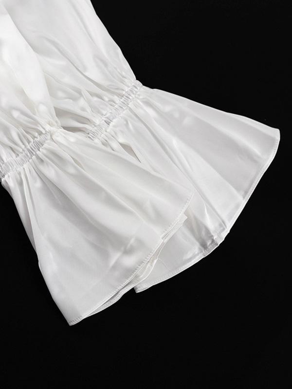Loose Puff Sleeves Elasticity See-Through Solid Color Split-Joint Streamer High Neck Mini Dresses Shirt Dress Product Image