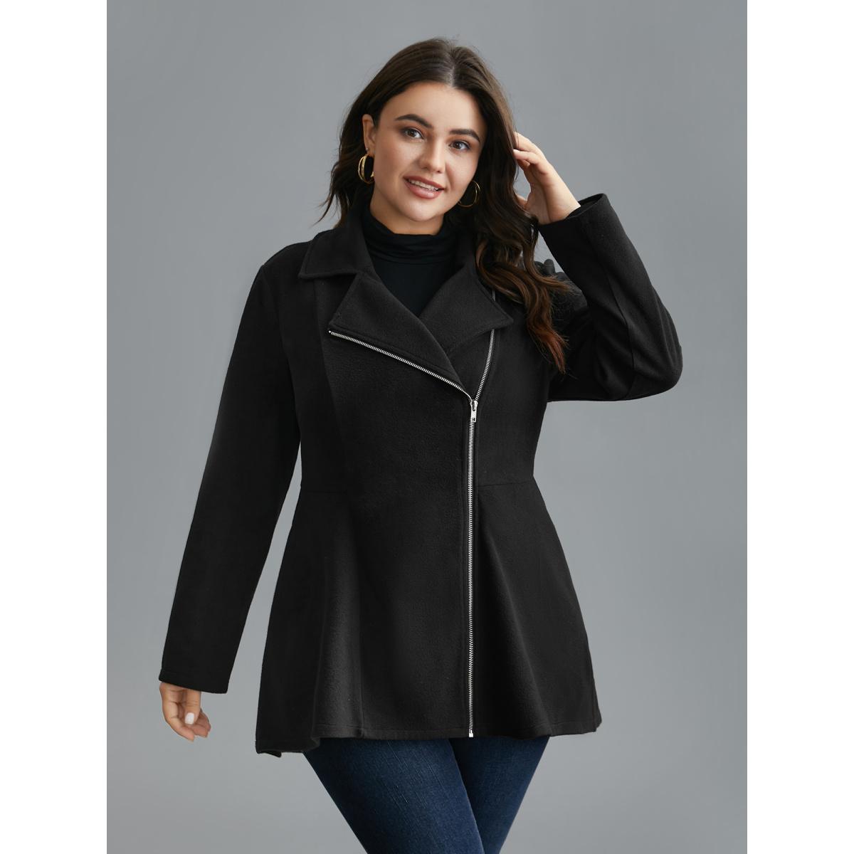 Plus Size Curved Hem Zipper Placket Pockets Coat Women Black Elegant Non Bodycon Ladies Everyday Winter Coats BloomChic 22-24/3X Product Image