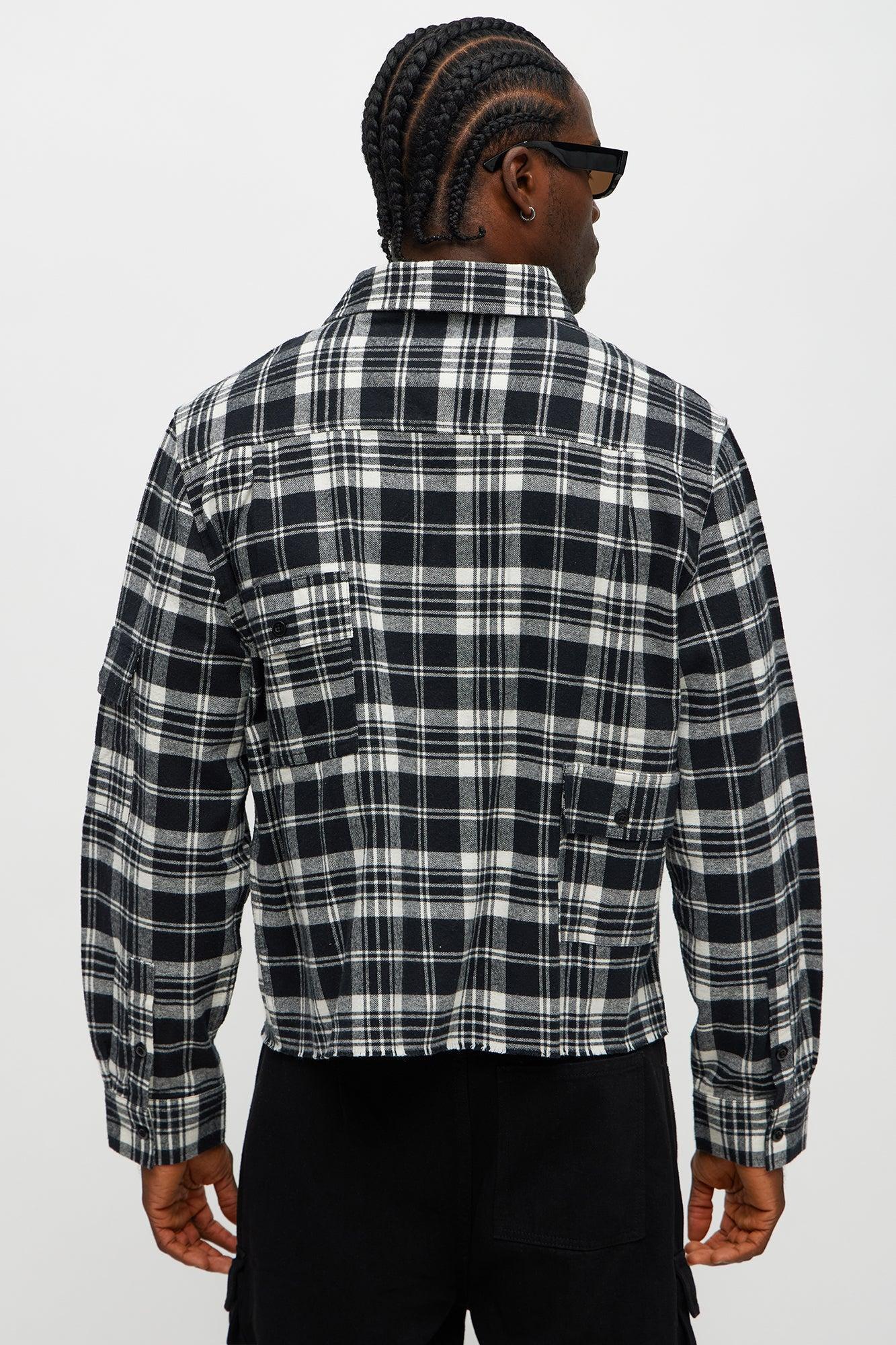 Cropped Cargo Pocket Flannel Button Up - Black Product Image