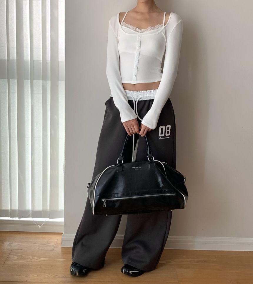 Long-Sleeve V-Neck Mock Two-Piece Plain Button Accent Lace Trim Crop T-Shirt Product Image