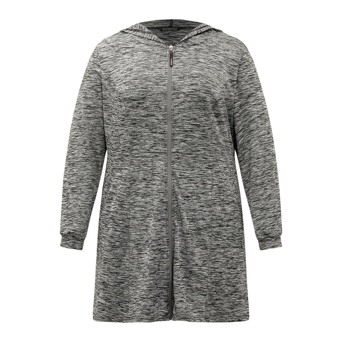 Plus Size Plain Heather Zipper Pocket Hooded Jacket Women DimGray Plain Pocket Dailywear Jackets BloomChic 22-24/3X Product Image