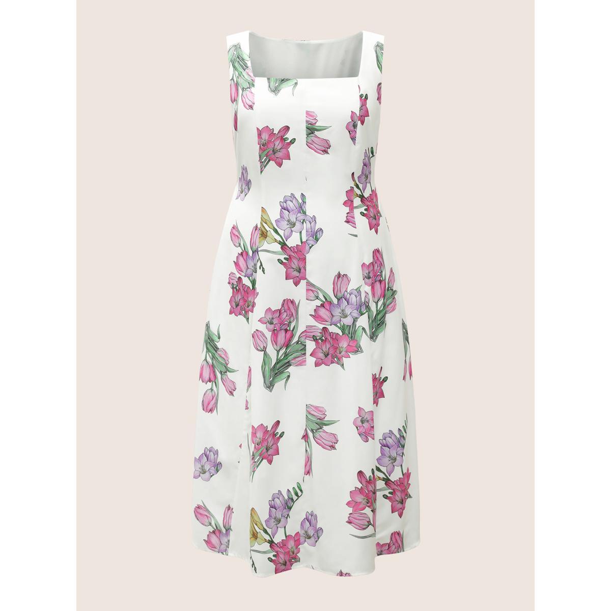 Plus Size Floral Print Patchwork Pocket Spaghetti Strap Dress White Women Elegant Printed Spaghetti Strap Sleeveless Curvy Midi Dress BloomChic 26/4X Product Image