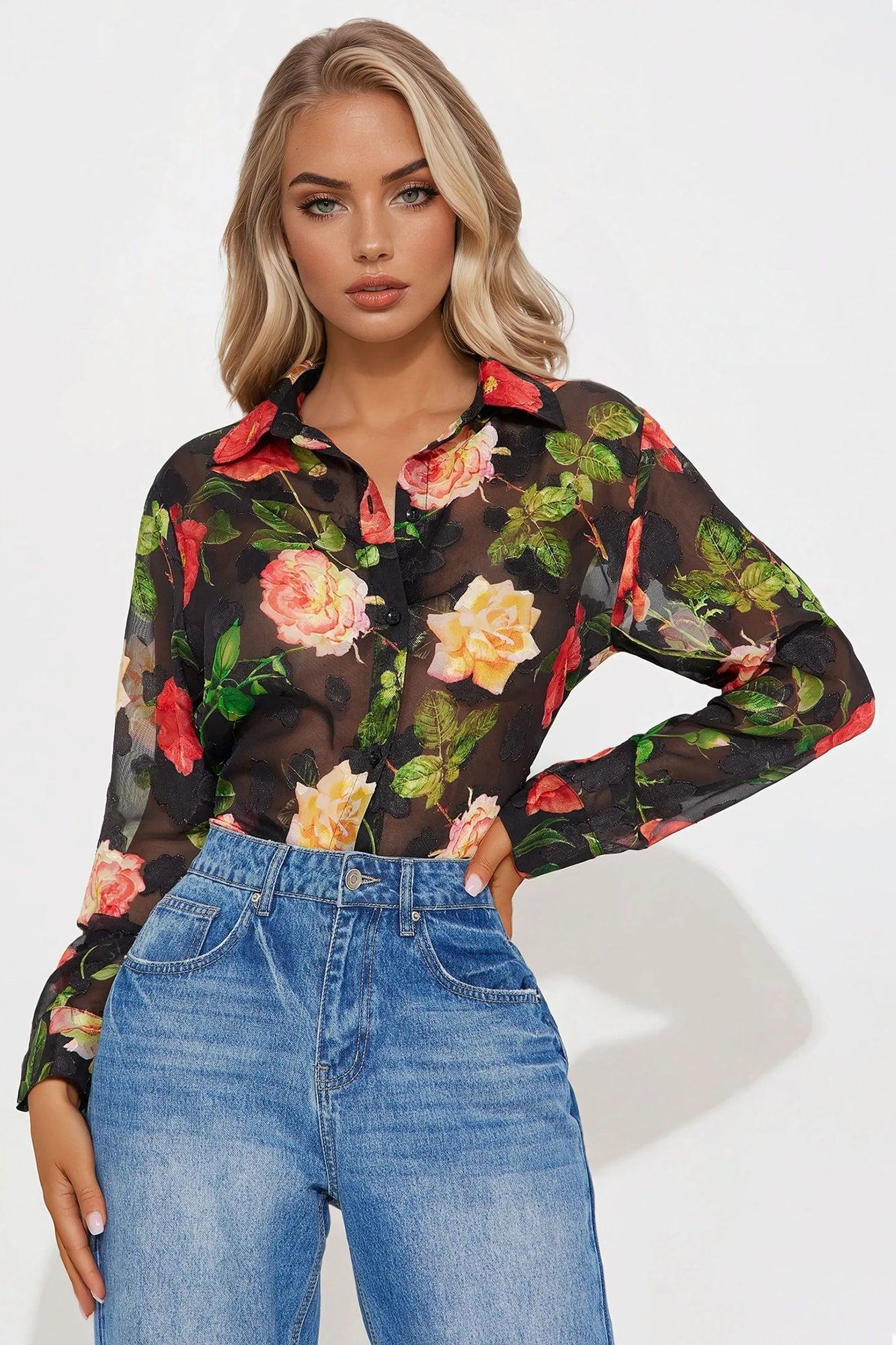 Surrounded By Beauty Floral Chiffon Shirt - Black/combo Product Image