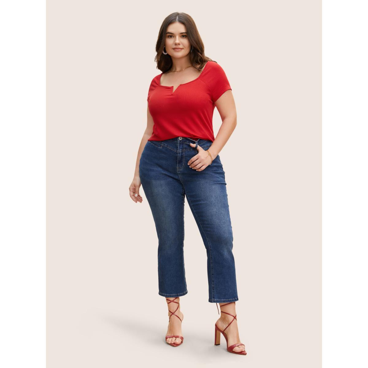 Plus Size Solid Notched Collar Pit Strip T-shirt Brightred Women Elegant Non Notched collar Bodycon Everyday T-shirts BloomChic 22-24/3X Product Image