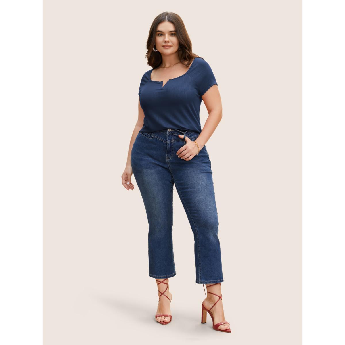 Plus Size Solid Notched Collar Pit Strip T-shirt Indigo Women Elegant Non Notched collar Bodycon Everyday T-shirts BloomChic 18-20/2X Product Image