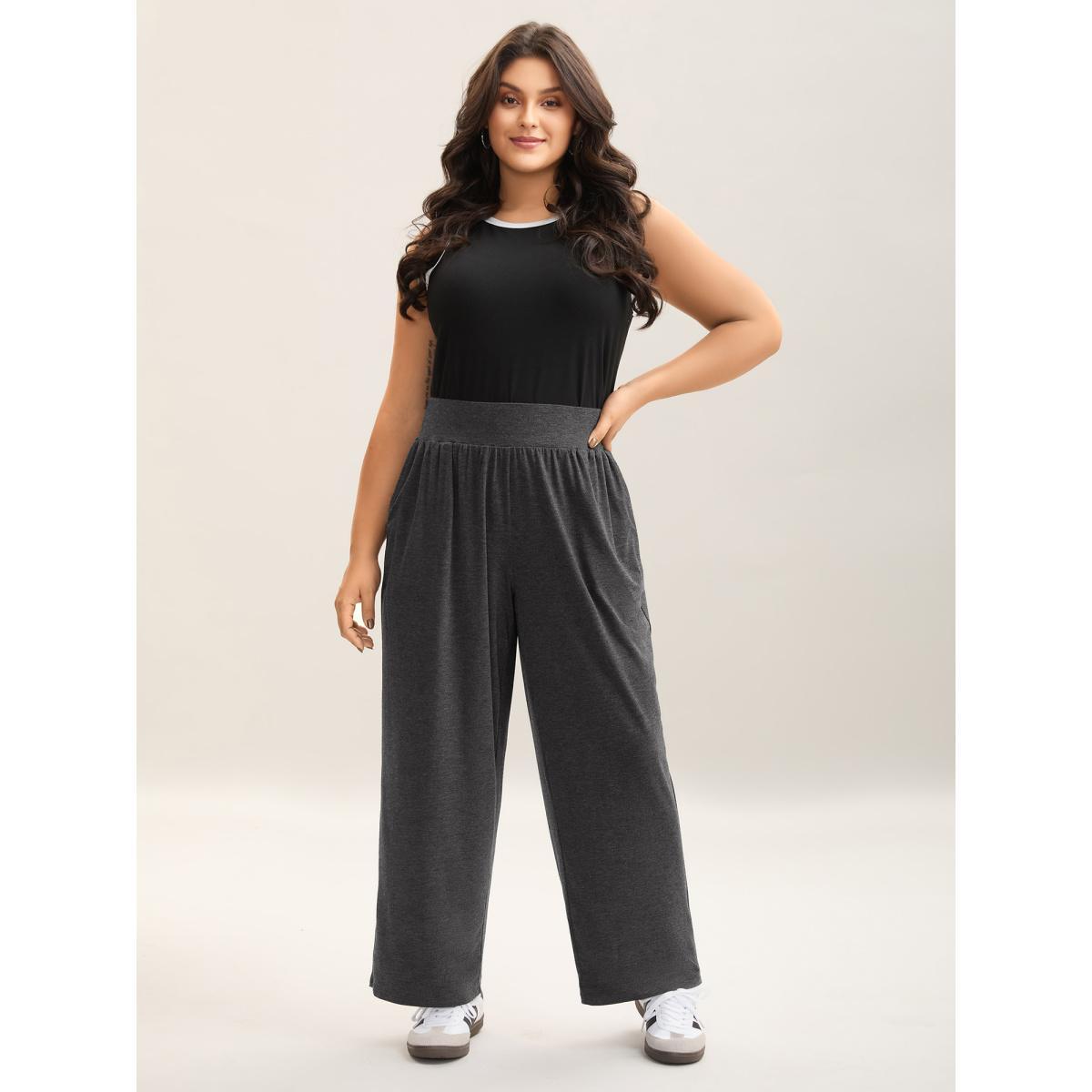 Plus Size Mixed Color Wide Waistband Pants Women DimGray Casual Wide Leg Mid Rise Everyday Pants BloomChic 14-16/1X Product Image