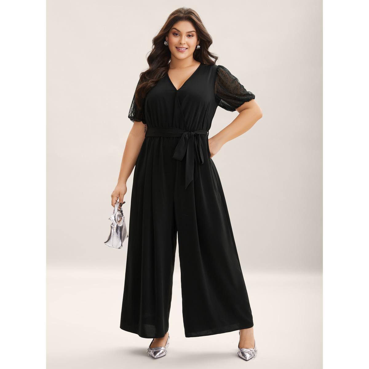 Plus Size Black Sheer Stretchy Waist Belted Solid Jumpsuit Women Half Sleeve Overlap Collar Work Loose Jumpsuits BloomChic 14-16/1X Product Image