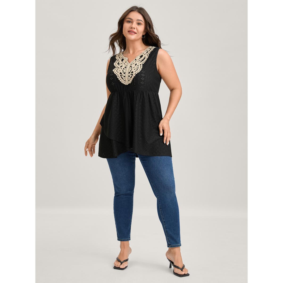 Plus Size Textured Floral Lace Neck Long Tank Top Women Black Overlapping Flat collar with V-notch Everyday-Elegant Tank Tops Camis BloomChic 12/L Product Image