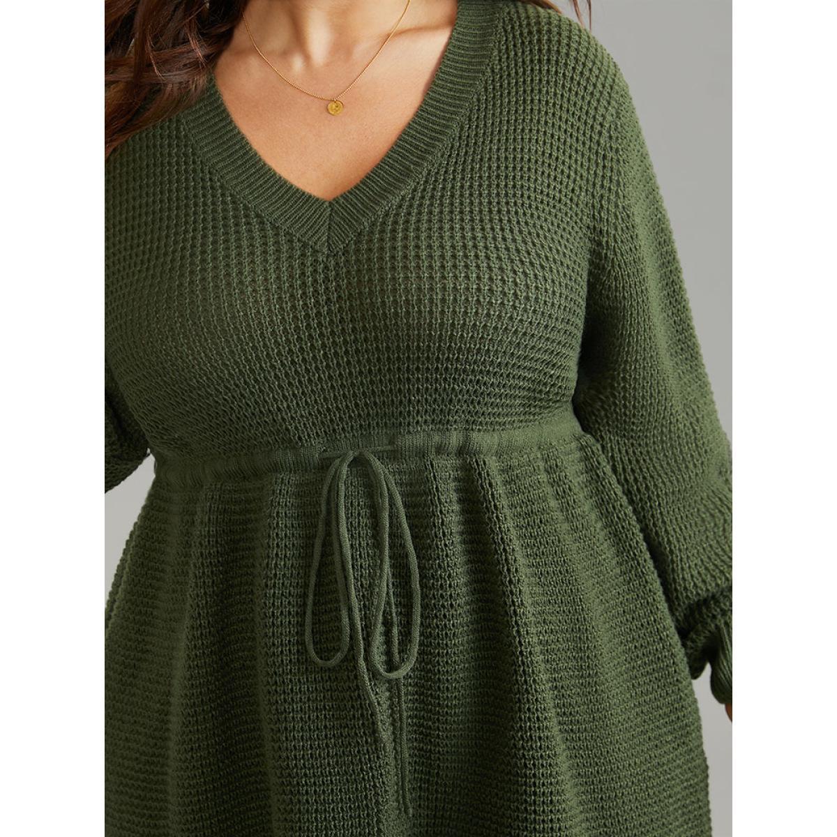 Plus Size Solid Drawstring Curved Hem Knit Pullover ArmyGreen Women Casual Long Sleeve V-neck Everyday Pullovers BloomChic 10/M Product Image