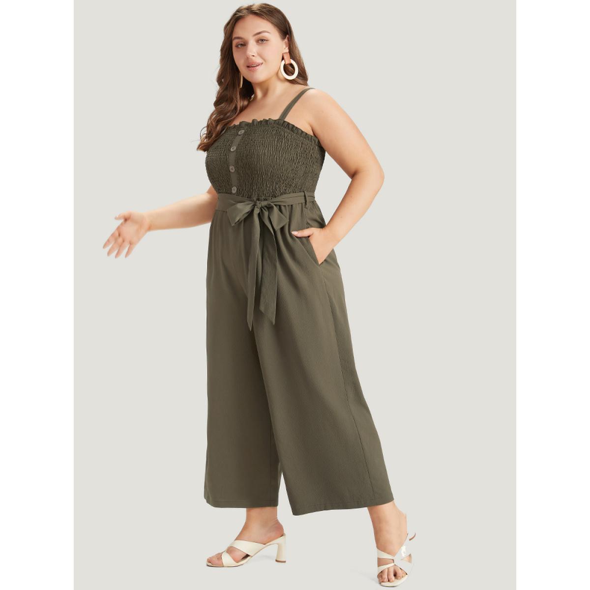 Plus Size ArmyGreen Shirred Frill Trim Belted Button Detail Cami Jumpsuit Women Elegant Sleeveless Square Neck Dailywear Loose Jumpsuits BloomChic 18-20/2X Product Image