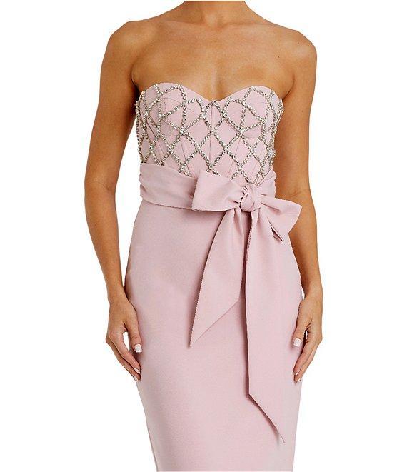 Mac Duggal Strapless Rhinestone Trim Bow Front Crepe Column Gown Product Image