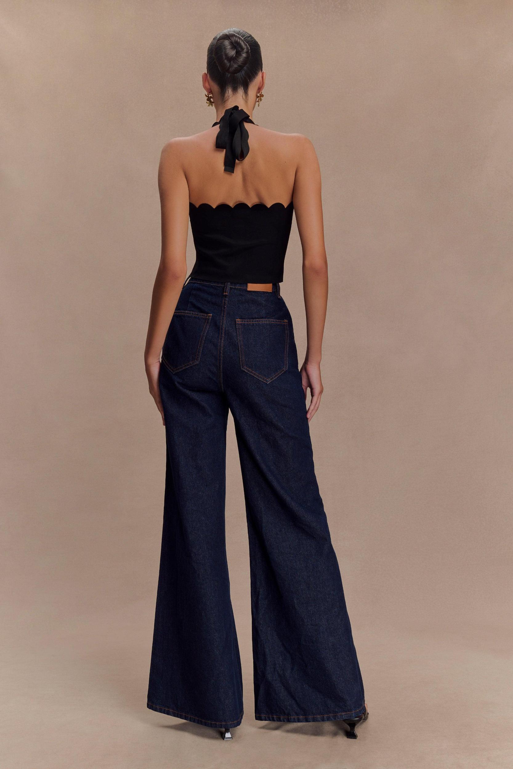 Selena Scalloped Jersey Halter Top - Black Product Image