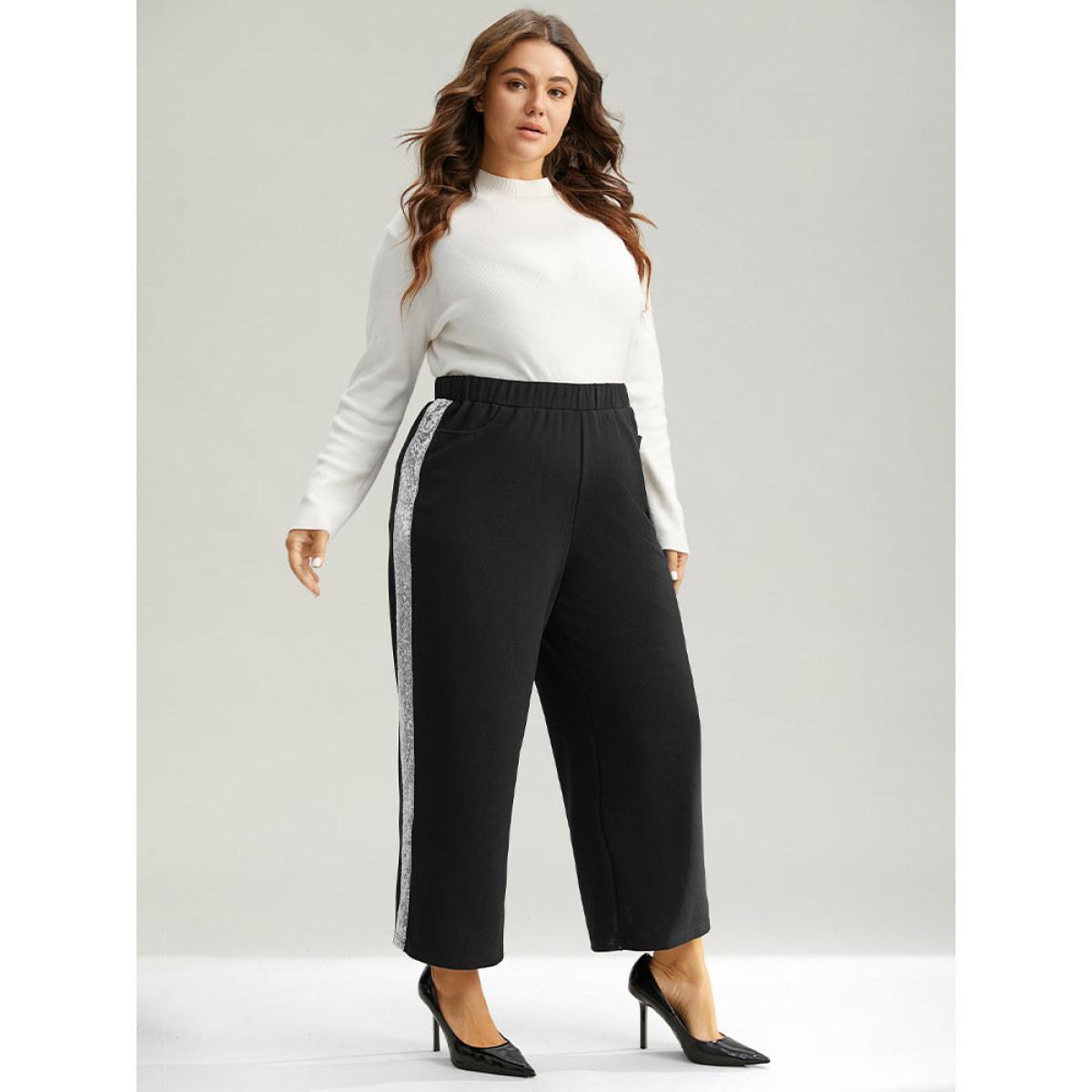 Plus Size Sequin Patchwork Pocket Wide Leg Pants Women Black Glamour Wide Leg High Rise Festival-Christmas Pants BloomChic 22-24/3X Product Image
