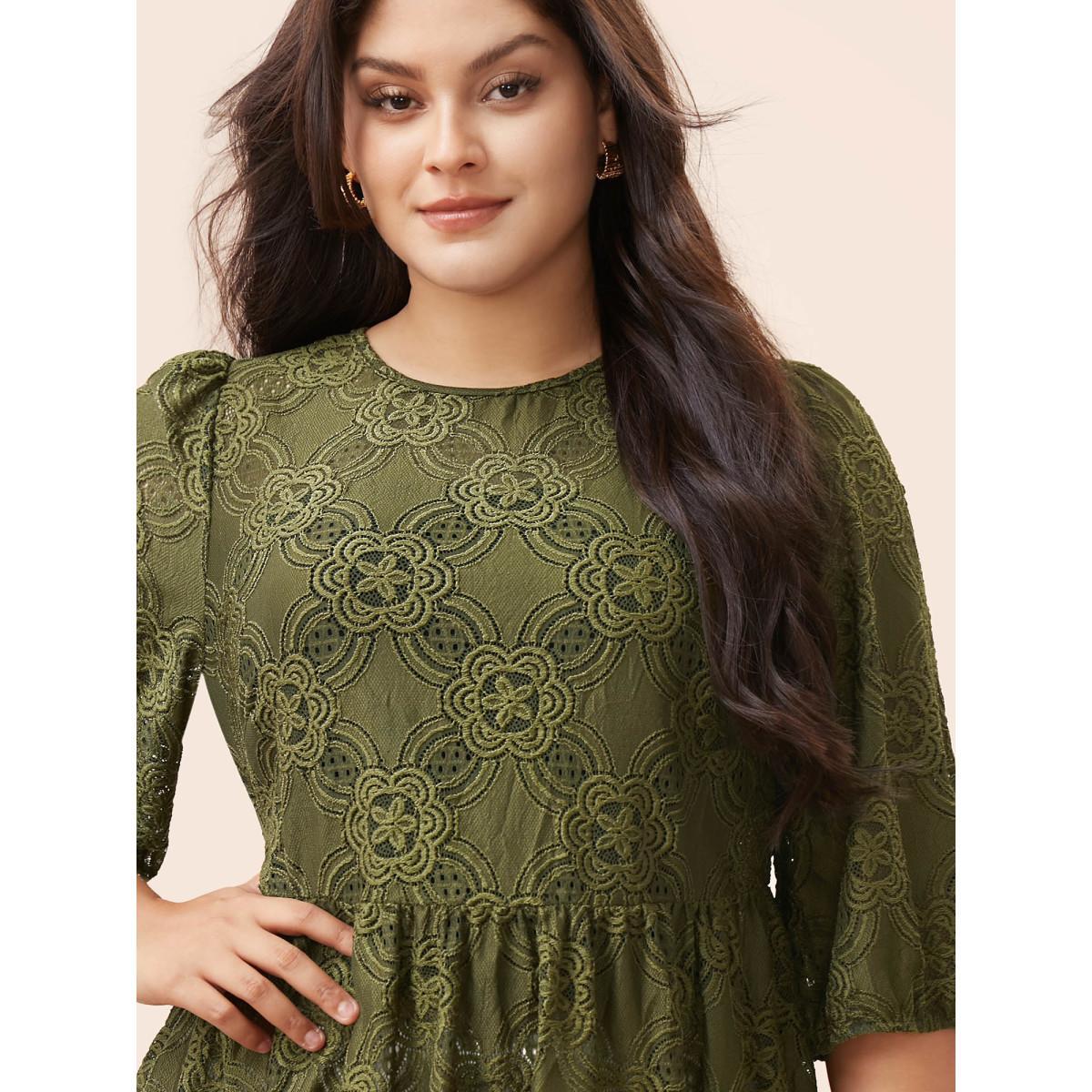 Plus Size Olive Crew Neck Crochet Lace Lantern Sleeve Blouse Women Elegant Elbow-length sleeve Round Neck Everyday Blouses BloomChic 12/L Product Image