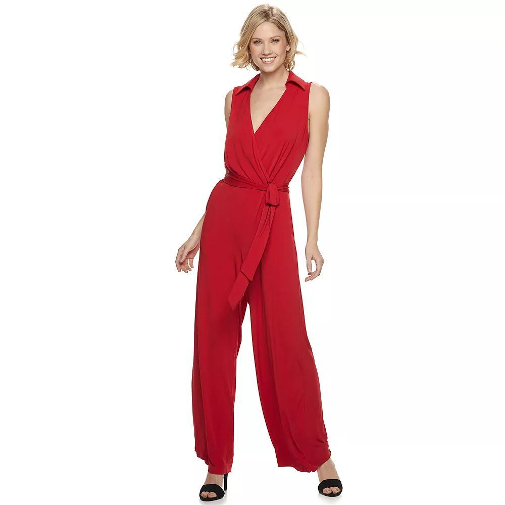 Women's Nina Leonard Collared Sleeveless Surplice Wide-Leg Jumpsuit, Size: Large Product Image