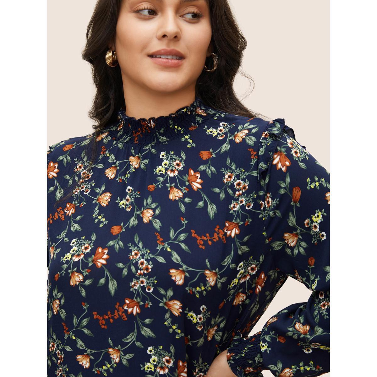 Plus Size DarkBlue Floral Lantern Sleeve Shirred Mock Neck Blouse Women Elegant Long Sleeve Mock Neck Everyday Blouses BloomChic 30/6X Product Image