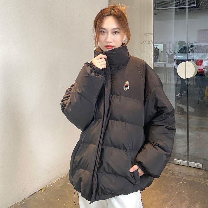 Couple Matching Stand Collared Patterned Print Zip Puffer Jacket Product Image