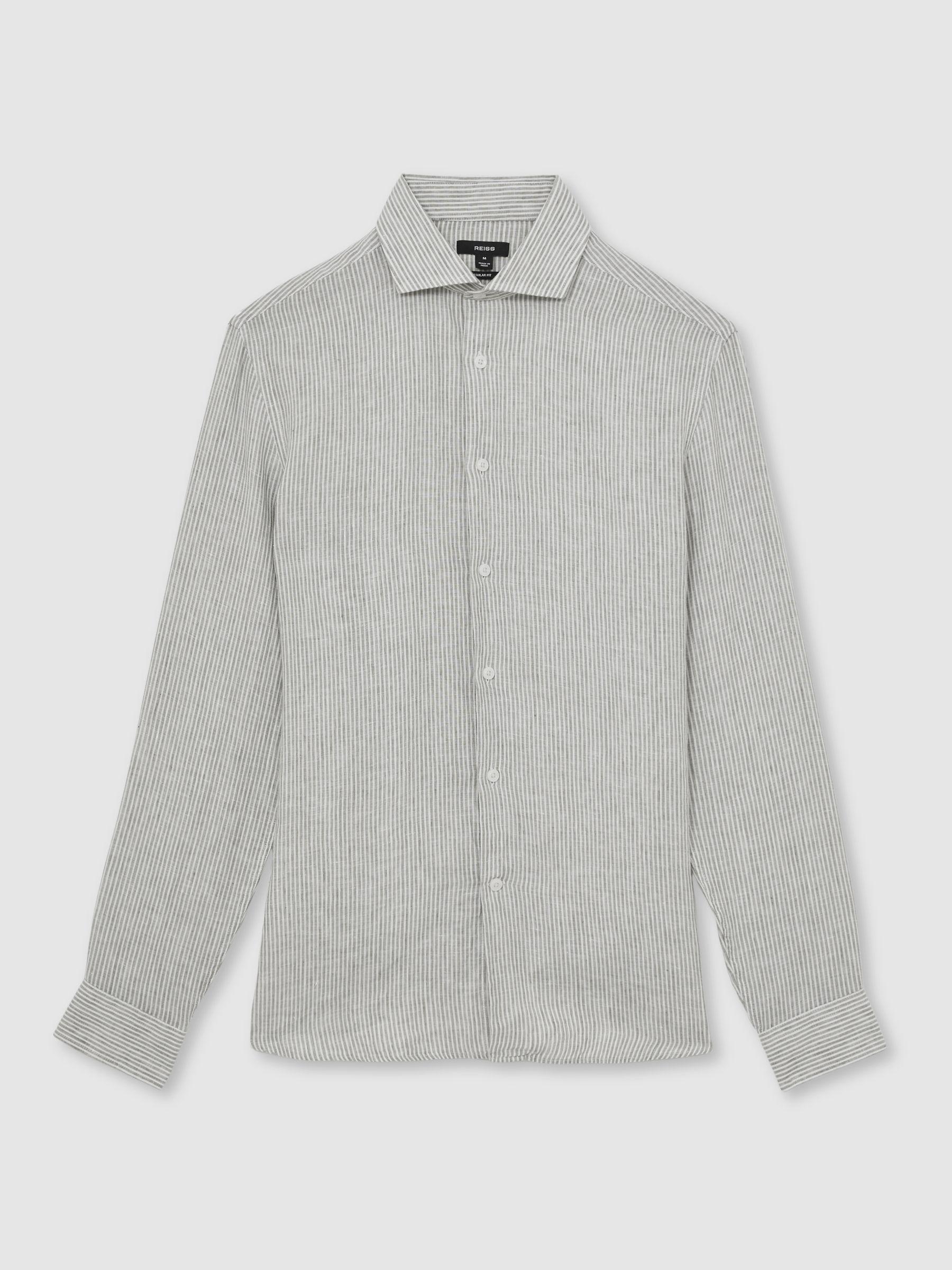 Linen Striped Cutaway-Collar Shirt in White/Thyme Green Product Image