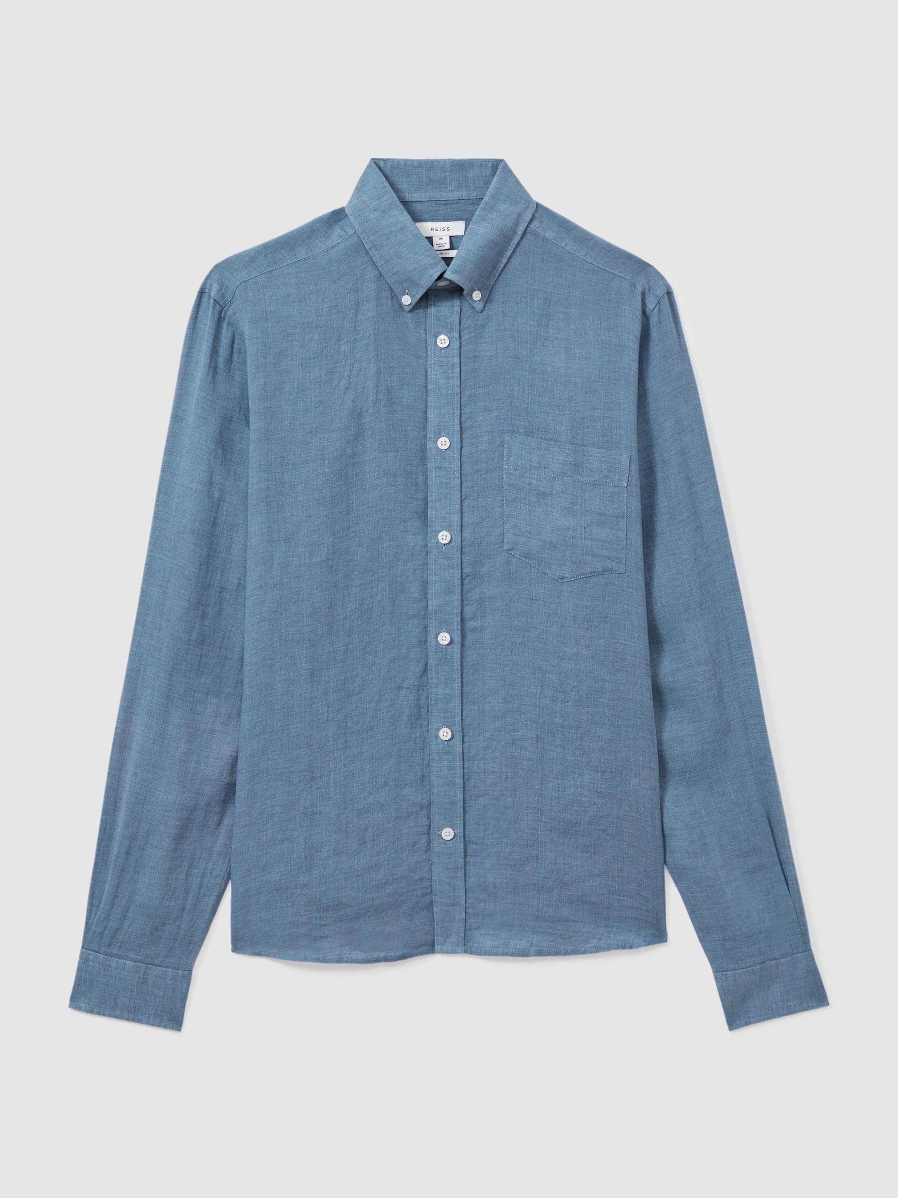 100% Linen Button-Down Collar Shirt in Denim Blue Product Image