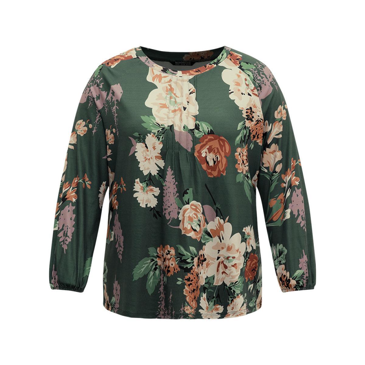 Plus Size Floral Print Pleated Detail Lantern Sleeve T-shirt DarkGreen Women Elegant Elastic cuffs Floral Round Neck Everyday T-shirts BloomChic 28/5X Product Image