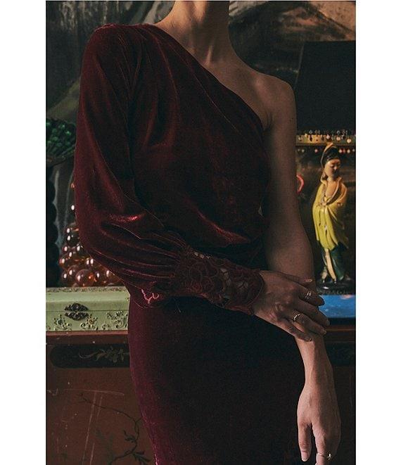Layered with Love One Sleeve Laser Cut Floral Hem Velvet Midi Dress Product Image