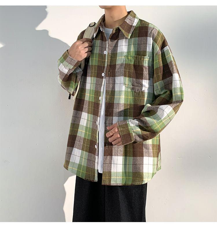 Long Sleeve Collared Plaid Shirt Product Image